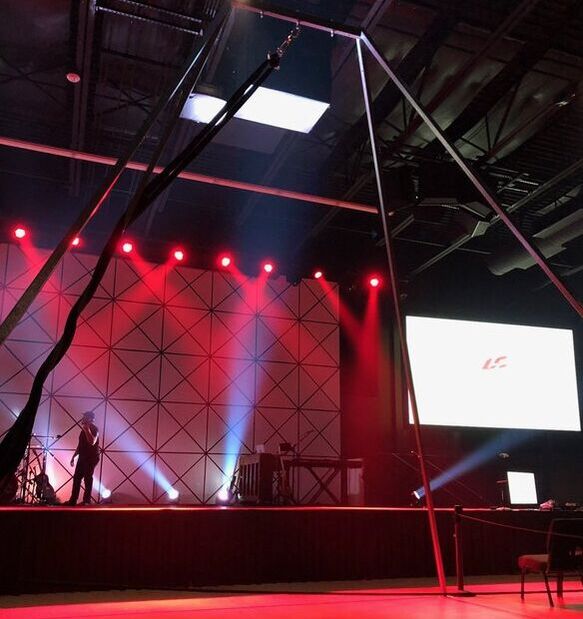 Alissa Snider’s Freestanding aerial acrobatics rigging in Life Church Oklahoma auditorium 